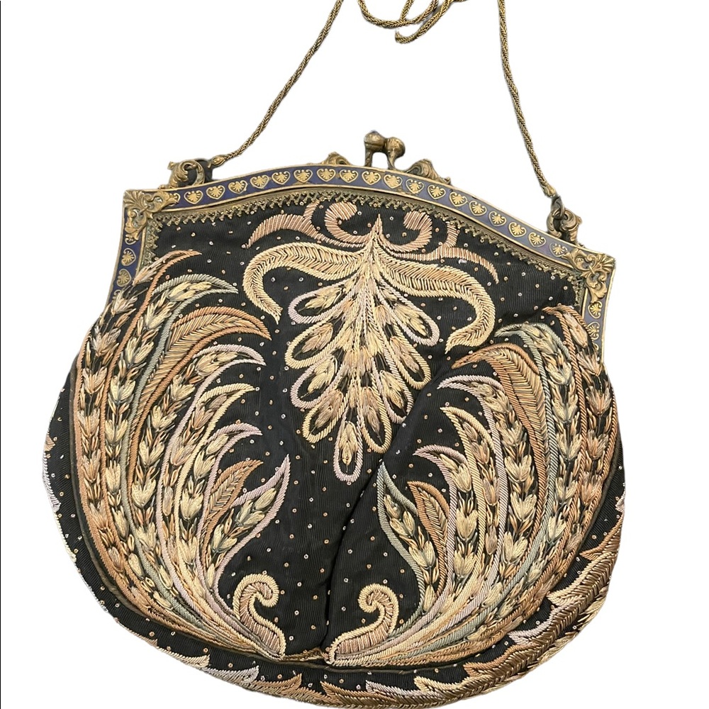 Antique Victorian Handmade Ornate cloissone enameled feather needlework purse